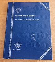 Blue Roosevelt Dime collection folder with text 'Collection Starting 1946' and design details on cover.