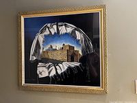 Framed lithograph showing full artwork of Jerusalem Wrapped in a Tallis in ornate gold frame hung on wall
