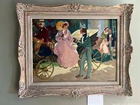 Framed painting showing vintage carriage scene with four figures, horse carriage wheels, and background characters