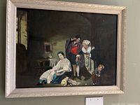 Framed original painting depicting four figures indoors, showing entire artwork and frame.