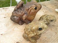 Three hand carved wooden frogs displayed on a wooden table outdoors, showing sizes and textures.