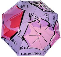 Top view showing the colorful nylon canopy with umbrella motifs and repeated Karl Lagerfeld branding.