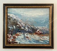 Front view of the framed oil painting showing the full winter landscape scene with trees, snow, and cabin.