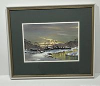 Framed watercolour painting of winter sunrise in Starbotten, England by E.J.W. Prior, showing full artwork and frame.