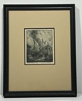 Framed etching of dock scene by Harry D. Wallace, overall view showing frame and mat.