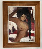 Straight-on view of framed oil painting showing full composition of nude figure and frame
