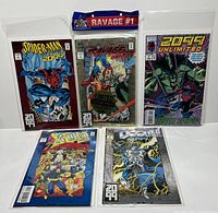 Full view of the five Marvel 2099 comics laid out on a white surface showing all front covers clearly, revealing titles and artwork.