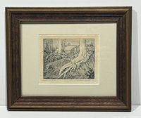 Full front view of framed etching showing overall item including frame and matting.