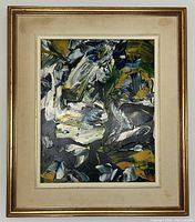 Framed acrylic painting in gold-tone wooden frame with cream mat