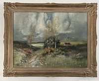 Front view of framed painting showing full landscape scene and frame