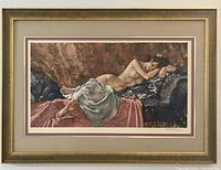 Full view of framed lithograph print showing the reclining nude artwork signed by William Russell Flint.