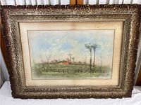 Full view of framed farm landscape print showing ornate frame and entire artwork