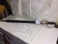 Full view of the sword sheathed, showing length and sheath condition.