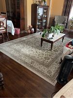 Full view of the large vintage area rug showing tan and green floral and scroll pattern on beige background placed on hardwood floor with furniture.