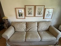 Front view of the beige IKEA Ektorp sofa showing three seat and back cushions with slip covers and framed botanical prints on the wall behind