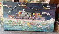 Full view of the painting showing a ship with various figures aboard, underwater fish and marine life, and flying birds with flags.