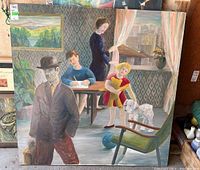Full view of painting leaning against wall showing family scene with man, woman, children, dog, and window.