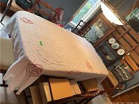 Overview of six dining chairs positioned around a table.