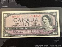 Front of the 1954 Canadian $10 bill showing Queen Elizabeth II portrait, serial number, and Bank of Canada text.