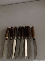 8 steak knives laid out showing antler handles and stainless steel blades