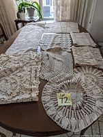 Lace crocheted doilies in various sizes and shapes arranged on a table, including rectangular, square, and round pieces, showing thread detailing and patterns.