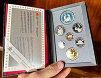 Photo of opened 1988 Canadian proof coin set in leather case showing all coins and certificate.