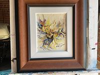 Front view of framed acrylic painting showing fish subject matter, impasto texture, and signature