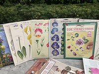 Photo showing assortment of botanical pattern charts and Donna Dewberry Basic Strokes Workbook arranged outdoors on stone surface.