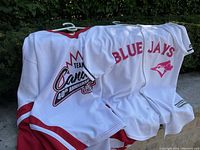 Blue Jays ladies white shirt with red trim and Donaldson name, Team Canada 40th anniversary hockey jersey, both displayed on hangers in outdoor setting.
