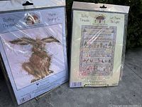 Two packaged counted cross stitch kits by Bothy Threads displayed side by side. Kits are titled Hare Brained and Let There Be Light featuring hare design and sampler respectively.