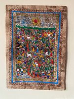 Full view of the colorful, detailed folk art painting on paper showing village life with people, animals, plants, and mountains.