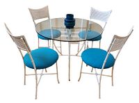 Full set with all four chairs and round glass tabletop showing the overall dining set design and color scheme