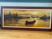 Full view of the vintage oil painting showing city skyline, river, bridge, and ship