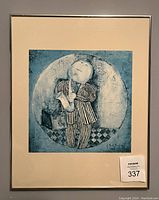 Front view of framed print showing the stylized figure playing flute with signature and date visible.