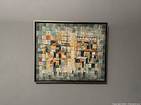 Framed painting hung on wall, full view