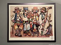 Framed lithograph artwork titled 'The Bar Band' showing four musicians with various instruments sitting with a table and bottle in front.