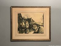 Full view of the framed vintage print showing a waterway scene with old buildings and bridge in Bruges, Belgium.