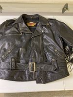 Front view of the black Harley Davidson leather motorcycle jacket showing zipper closure, belt, and front pockets.