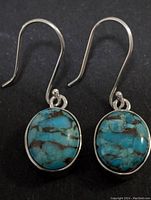 Pair of sterling silver earrings with oval turquoise stones on black background