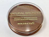 Top view of bronzer compact showing Rimmel London branding, product name, and weight information on clear lid.