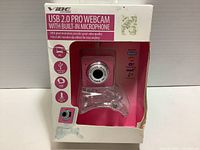 Front of boxed Vibe Axcess USB 2.0 Pro Webcam with packaging visible showing product name and some features.