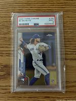 Front side of the 2020 Topps Chrome Bo Bichette rookie card, showing Bo Bichette in a pitching stance, with PSA grading label marked Mint 9.