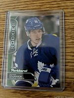 Front of the Mitch Marner rookie card showing player image, team logo, Parkhurst and Rookies labels.