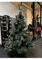 Photo showing the full assembled artificial green Christmas tree with pine cones and red berries, standing upright in a gym space.