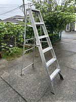 Front side view of the aluminum step ladder standing on concrete surface outdoors near greenery and fence.