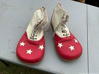 Pair of clown shoes showing red toe area decorated with white stars, white upper with laces