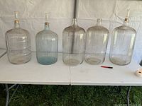 Photo of five large glass jugs placed in a row on white tables against a white backdrop, showing varying shapes and presence of stopper lids, with a red pen for scale.