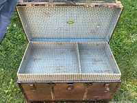 Open storage trunk showing interior and removable insert with blue patterned lining.