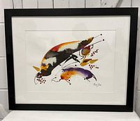 Framed mixed media abstract painting by Riad Jisri on white background, showing the entire frame and artwork.