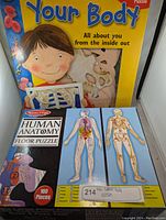 Box and front covers of two Melissa & Doug Human Anatomy Floor Puzzles showing internal organs and skeleton illustrations